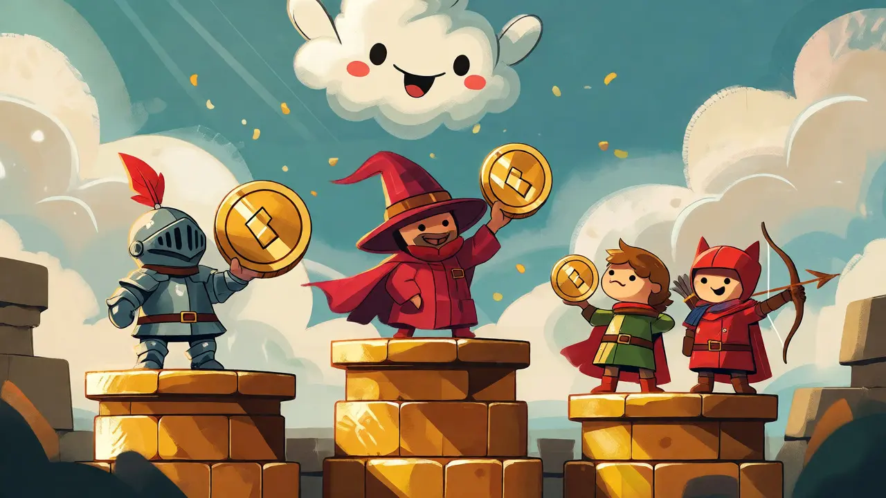 Fantasy characters on podiums holding large coins, depicting guild competition and rewards.