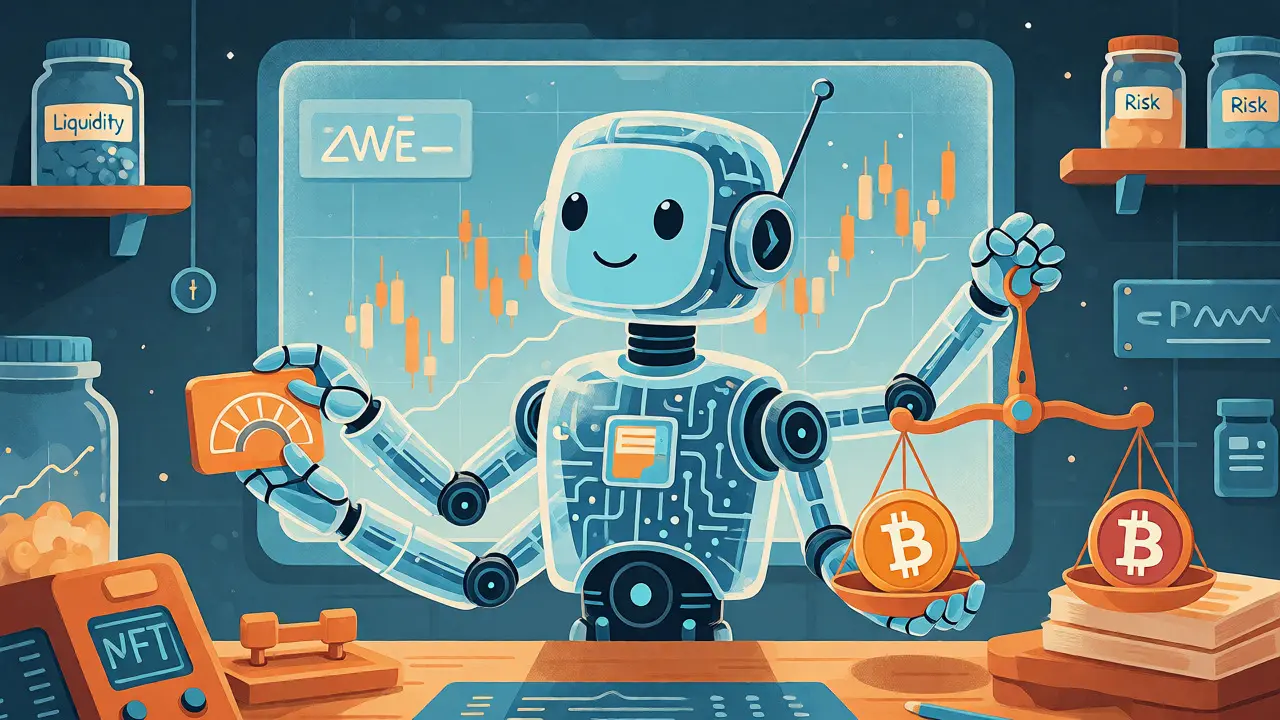 Friendly AI robot managing liquidity and risk in a trading room
