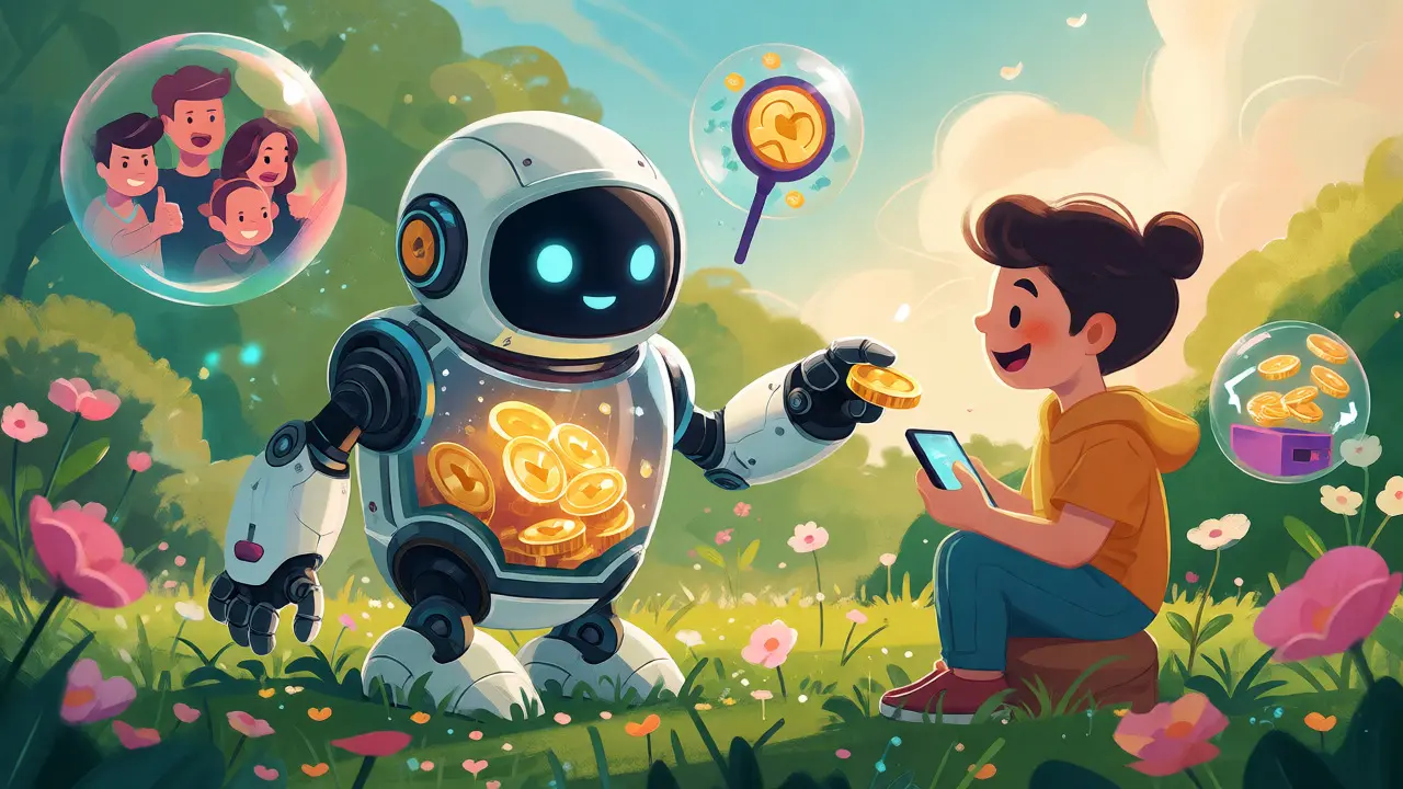 Friendly robot wallet showing social recovery and gasless features to a user.