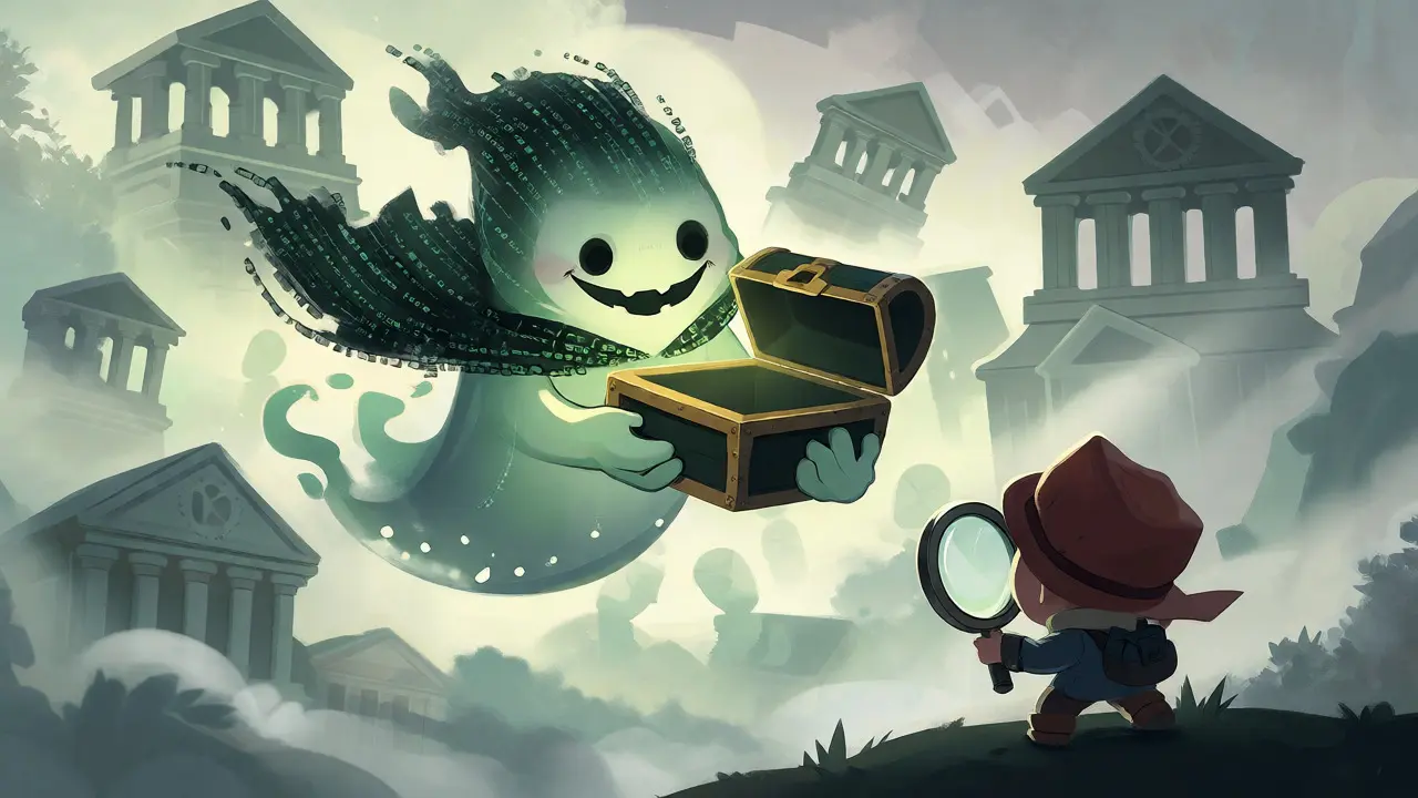 Ghostly figure representing a fake exchange inspected by a cautious explorer