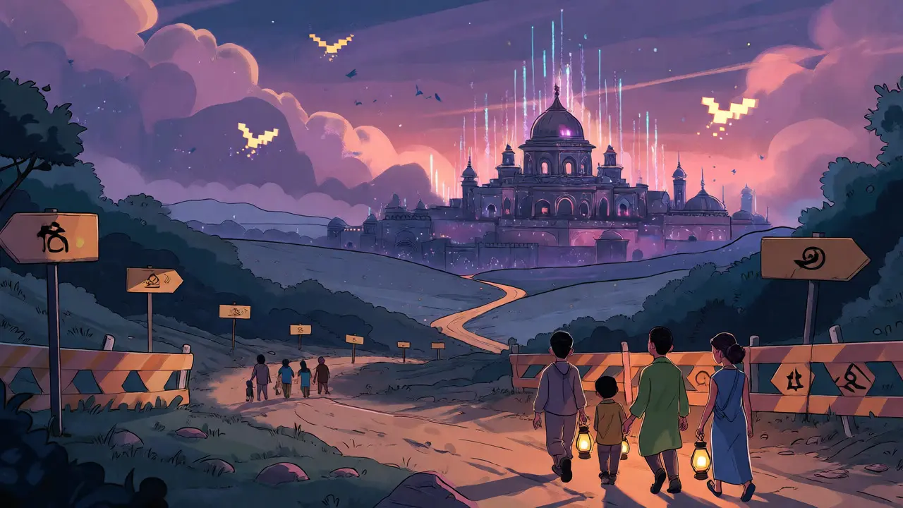Miners walk a winding path toward a digital city, guided by lanterns under a twilight sky.