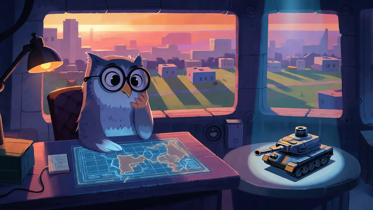 Owl strategist in a tech command room