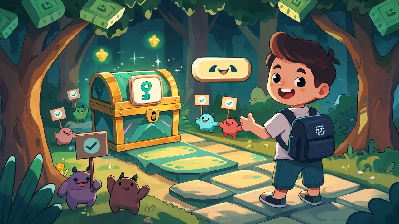 Playful cartoon of a character claiming airdrop tokens from a treasure chest in a digital forest.
