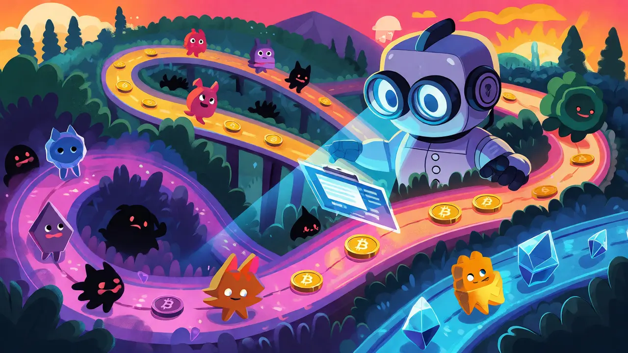 Robot detective scanning various crypto tokens on digital roads.