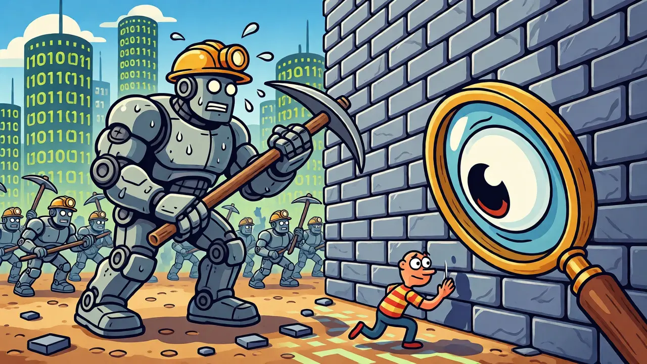 Robot miner guarding a digital wall from a sneaky thief