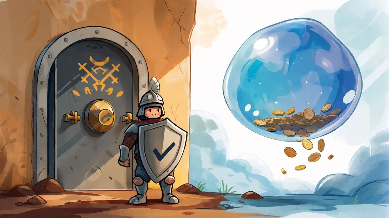 Safe vault guarded by a knight versus a leaking bubble representing risk