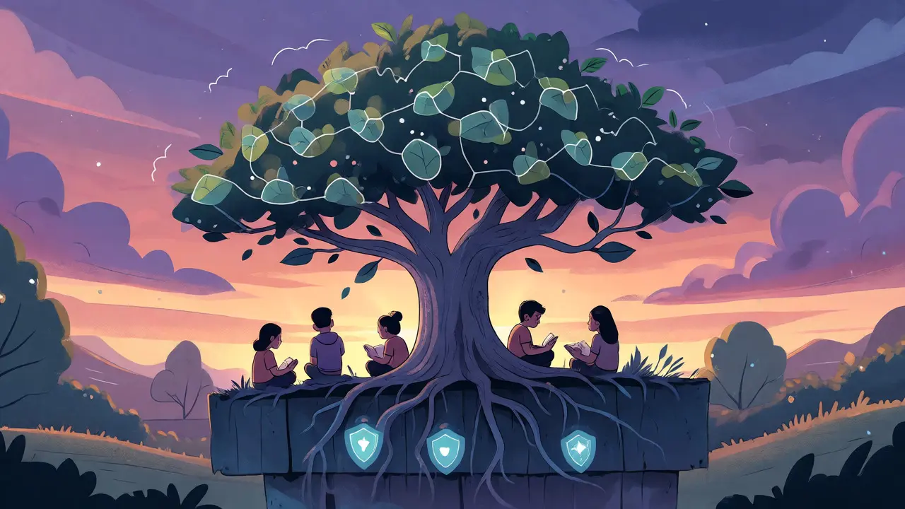 Serene illustration of a tree growing from blockchain roots, symbolizing stable CRDT technology.