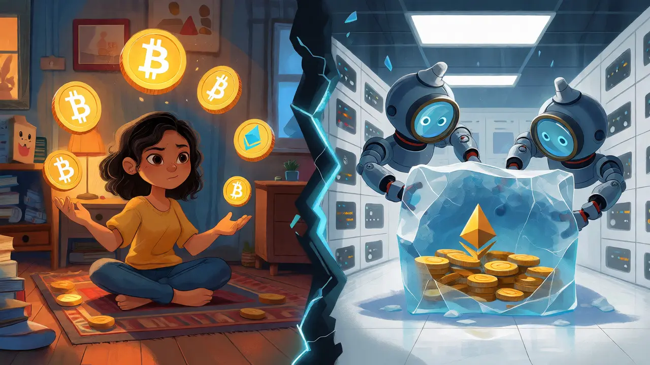 Split scene showing a user managing crypto versus frozen accounts abroad.