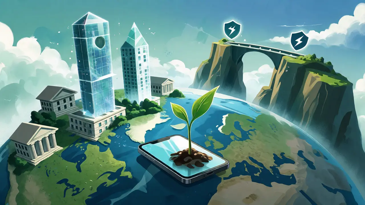 Stylized globe showing traditional banks transforming into digital insurance networks.