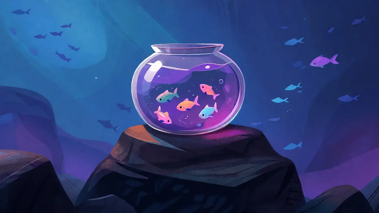 Tiny fish in a bowl on a rock symbolizing low liquidity and isolation
