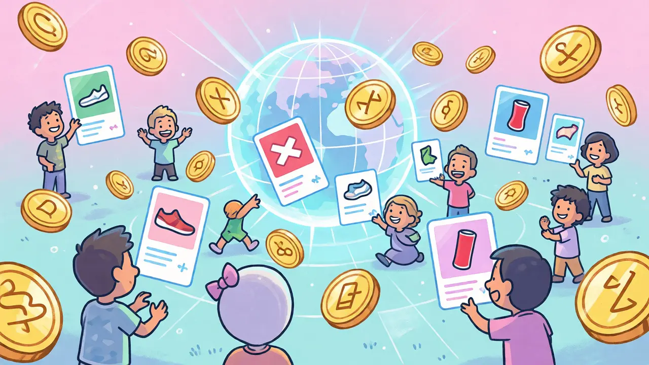 Whimsical digital marketplace with floating tokens and NFT cards
