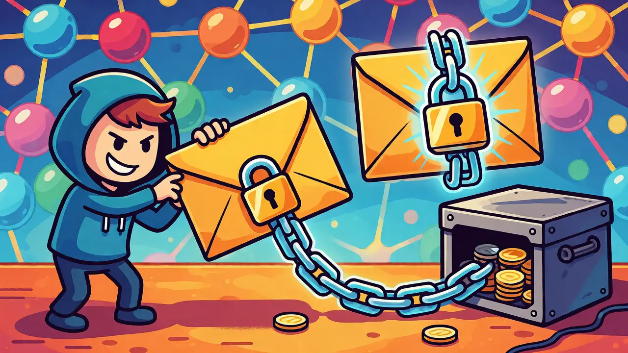 Whimsical drawing of a secure blockchain transaction protected by an unbreakable digital lock.