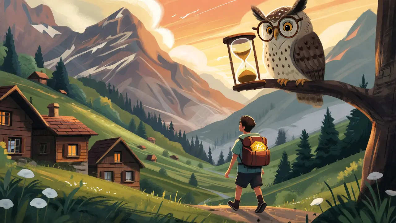 Wise owl and hiker in mountains symbolizing long-term crypto holding rules